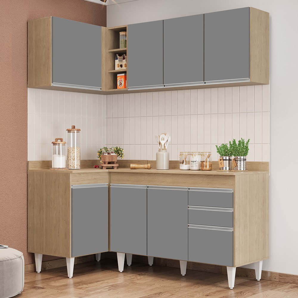 Armário de Cozinha Modulado de Canto Direito 4 Peças CP38 Balcão com Tampo Castanho/Cinza - Lumil