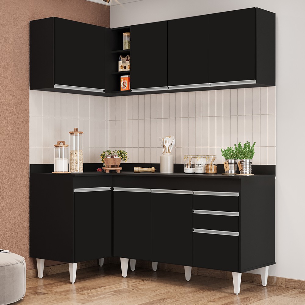 Armário de Cozinha Modulado de Canto Direito 4 Peças CP38 Balcão com Tampo Preto - Lumil