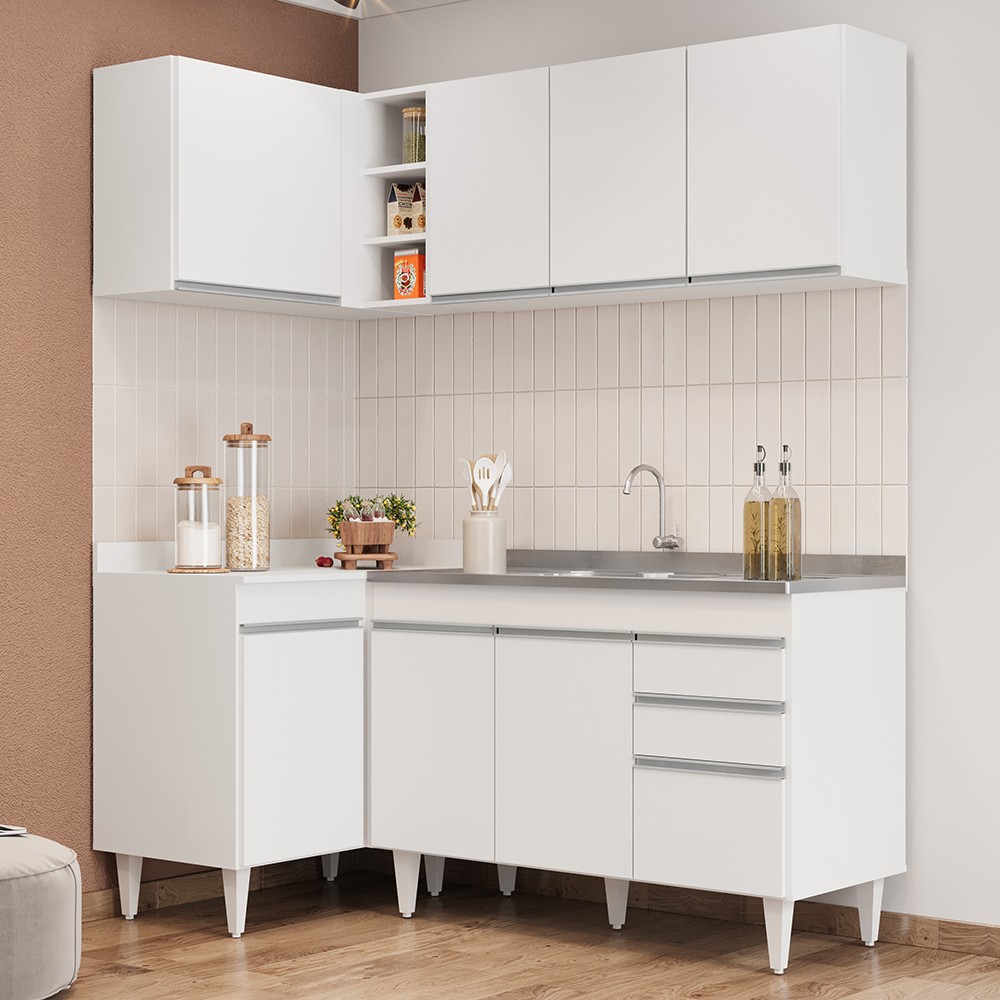 Armário de Cozinha Modulado de Canto Direito 4 Peças CP39 com Pia Inox Branco - Lumil