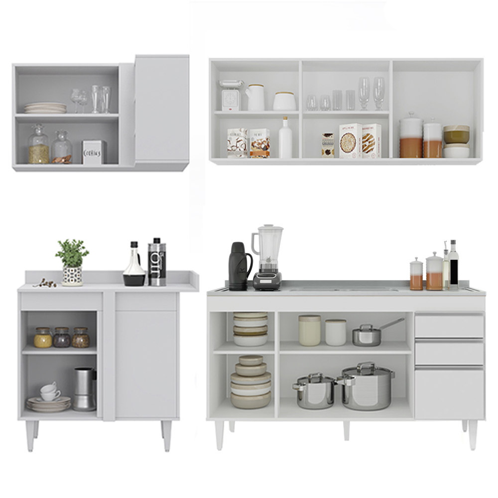 Armário de Cozinha Modulado de Canto Direito 4 Peças CP39 com Pia Inox Branco - Lumil
