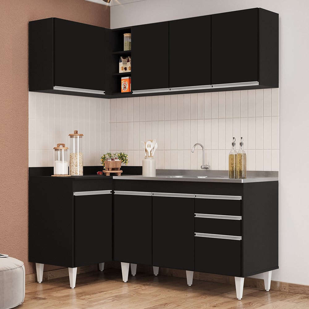 Armário de Cozinha Modulado de Canto Direito 4 Peças CP39 com Pia Inox Preto - Lumil