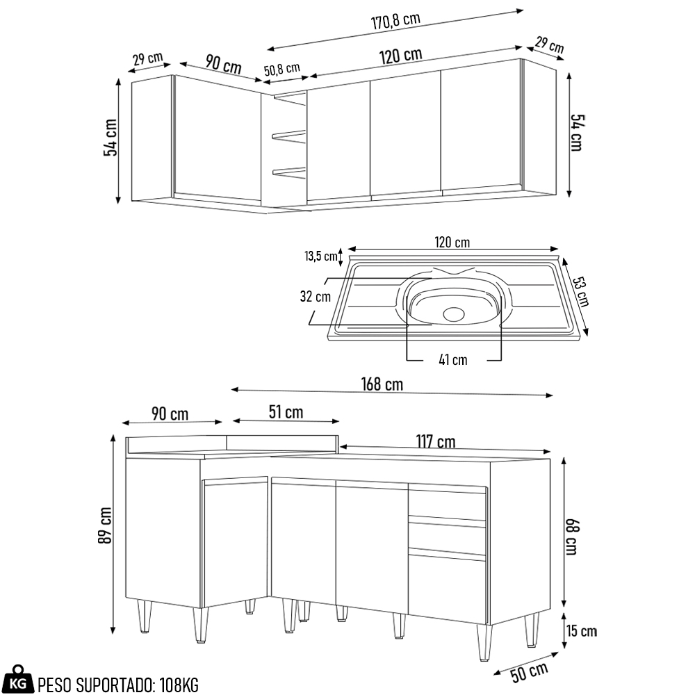 Armário de Cozinha Modulado de Canto Direito 4 Peças CP39 com Pia Inox Preto - Lumil