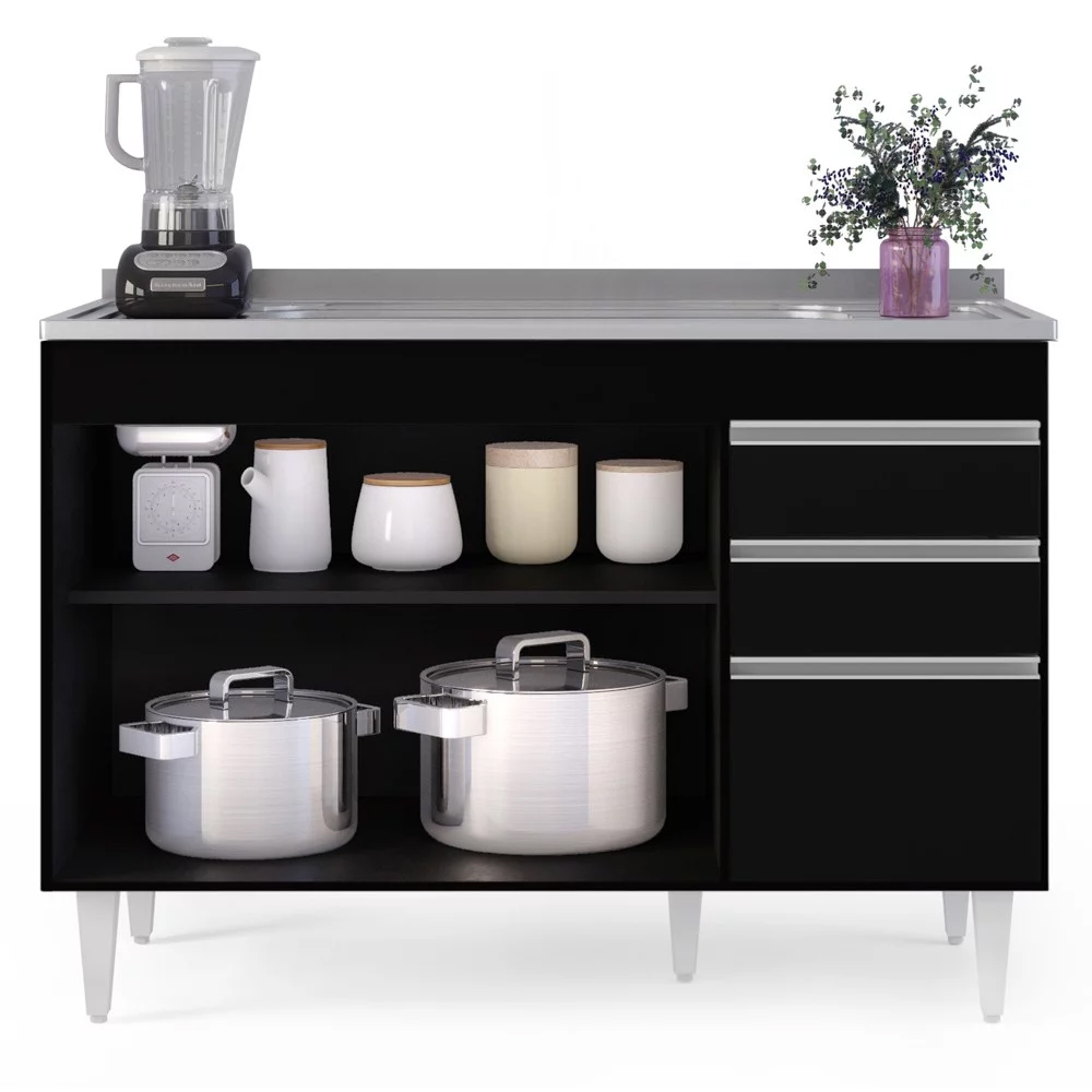Armário de Cozinha Modulado de Canto Direito 4 Peças CP39 com Pia Inox Preto - Lumil