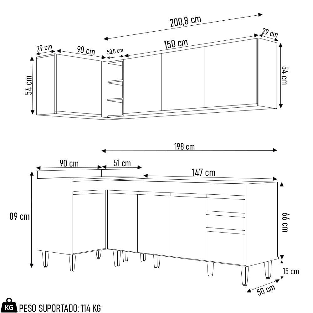 Armário de Cozinha Modulado de Canto Direito 4 Peças CP40 Balcão sem Tampo Branco - Lumil
