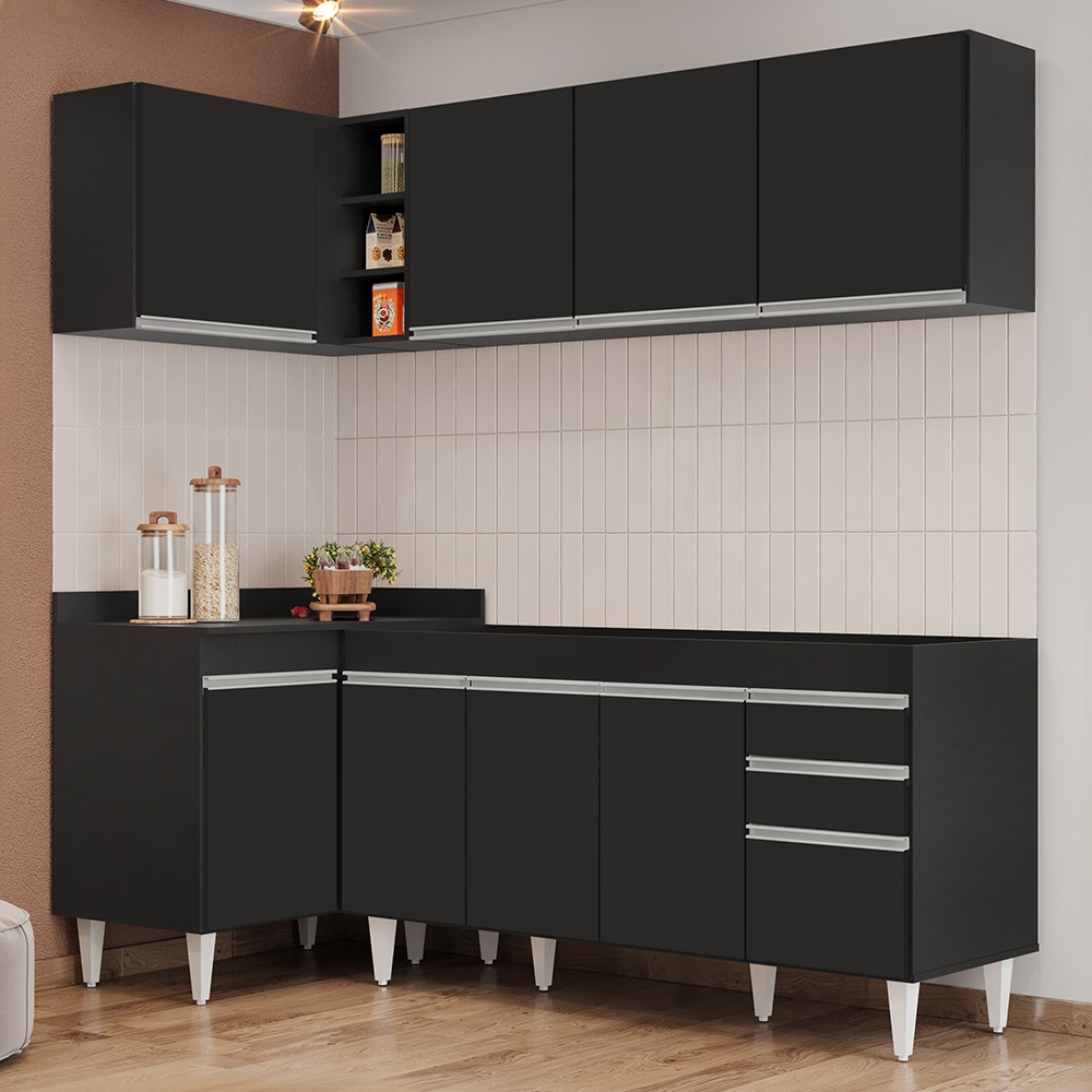 Armário de Cozinha Modulado de Canto Direito 4 Peças CP40 Balcão sem Tampo Preto - Lumil