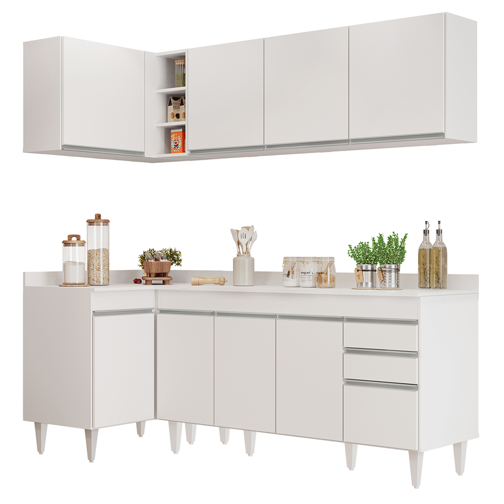 Armário de Cozinha Modulado de Canto Direito 4 Peças CP41 Balcão com Tampo Branco - Lumil