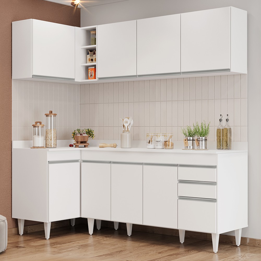 Armário de Cozinha Modulado de Canto Direito 4 Peças CP41 Balcão com Tampo Branco - Lumil