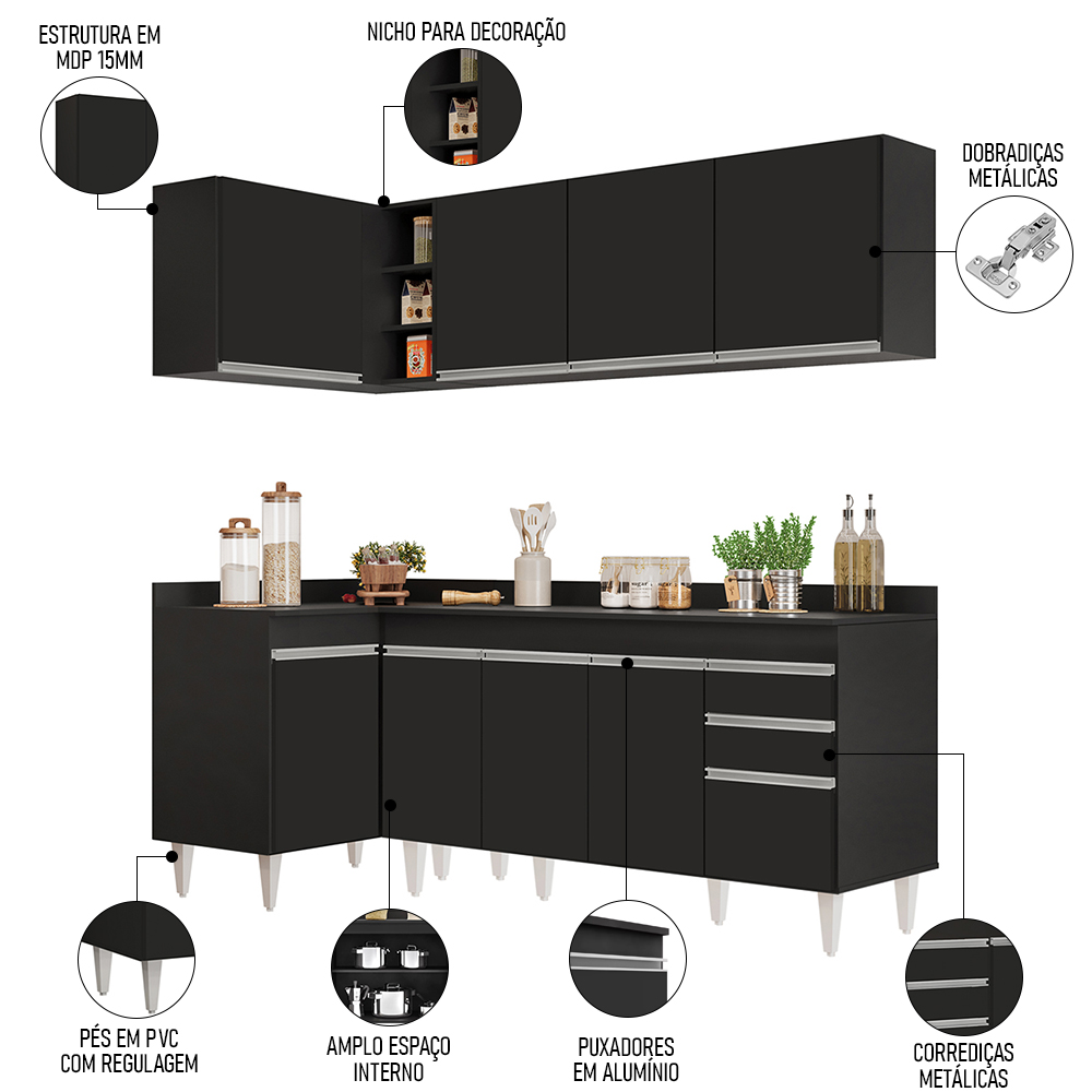 Armário de Cozinha Modulado de Canto Direito 4 Peças CP41 Balcão com Tampo Preto - Lumil