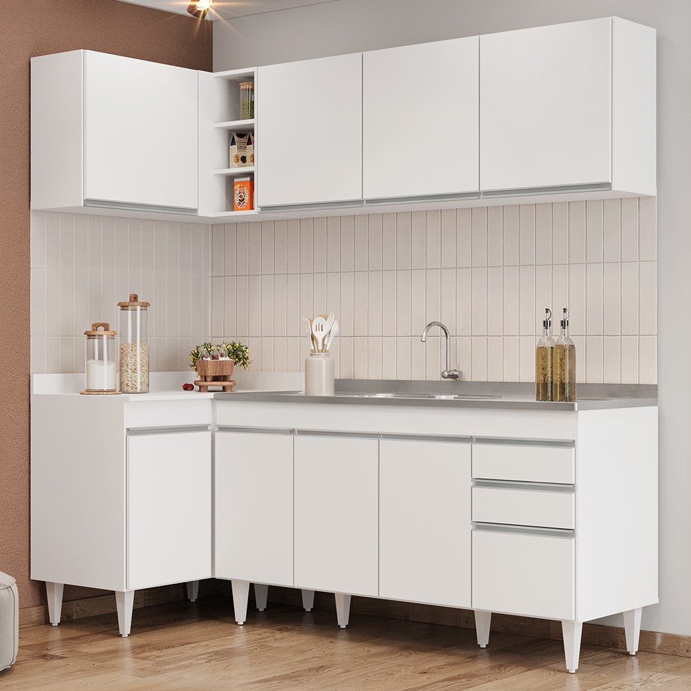 Armário de Cozinha Modulado de Canto Direito 4 Peças CP42 com Pia Inox Branco - Lumil