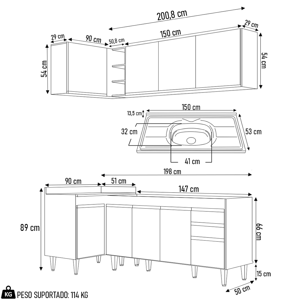 Armário de Cozinha Modulado de Canto Direito 4 Peças CP42 com Pia Inox Branco - Lumil
