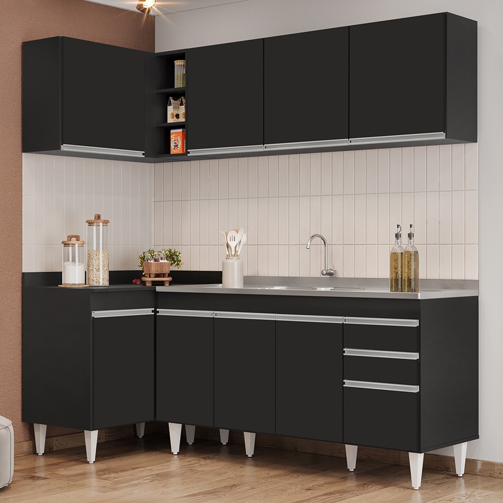 Armário de Cozinha Modulado de Canto Direito 4 Peças CP42 com Pia Inox Preto - Lumil