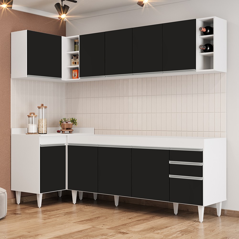 Armário de Cozinha Modulado de Canto Direito 5 Peças CP43 Balcão sem Tampo Branco/Preto - Lumil