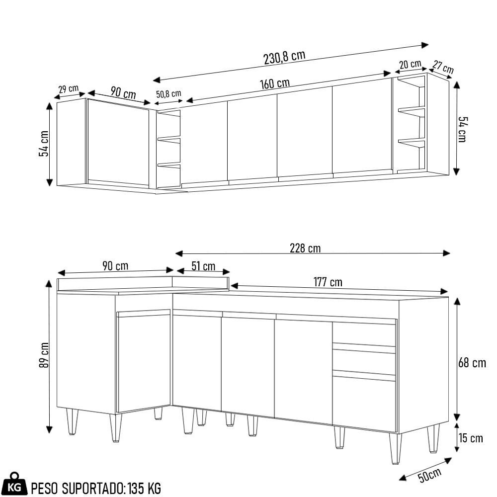 Armário de Cozinha Modulado de Canto Direito 5 Peças CP43 Balcão sem Tampo Branco/Preto - Lumil