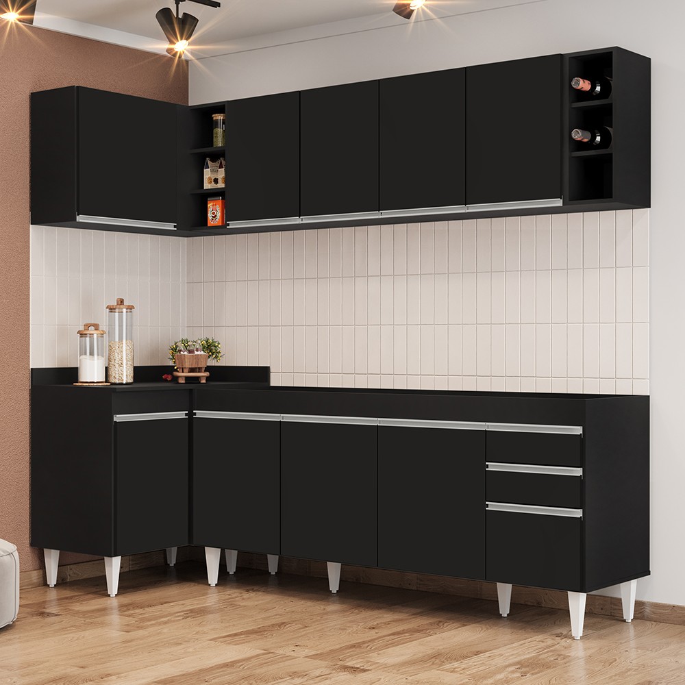 Armário de Cozinha Modulado de Canto Direito 5 Peças CP43 Balcão sem Tampo Preto - Lumil