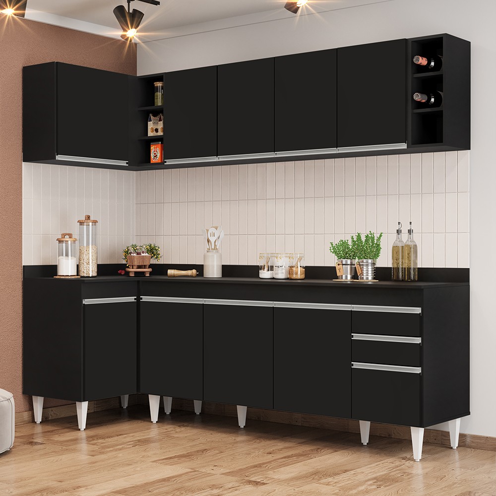Armário de Cozinha Modulado de Canto Direito 5 Peças CP44 Balcão com Tampo Preto - Lumil