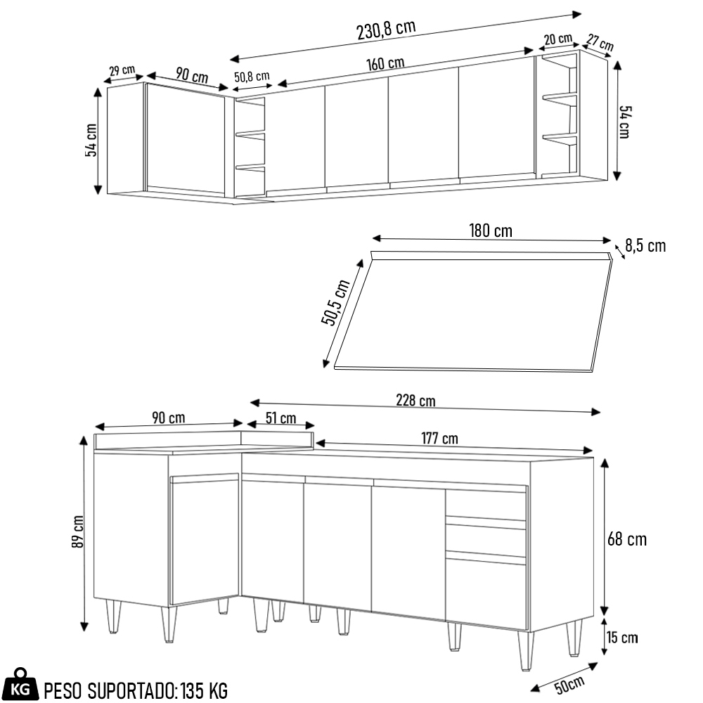 Armário de Cozinha Modulado de Canto Direito 5 Peças CP44 Balcão com Tampo Preto - Lumil