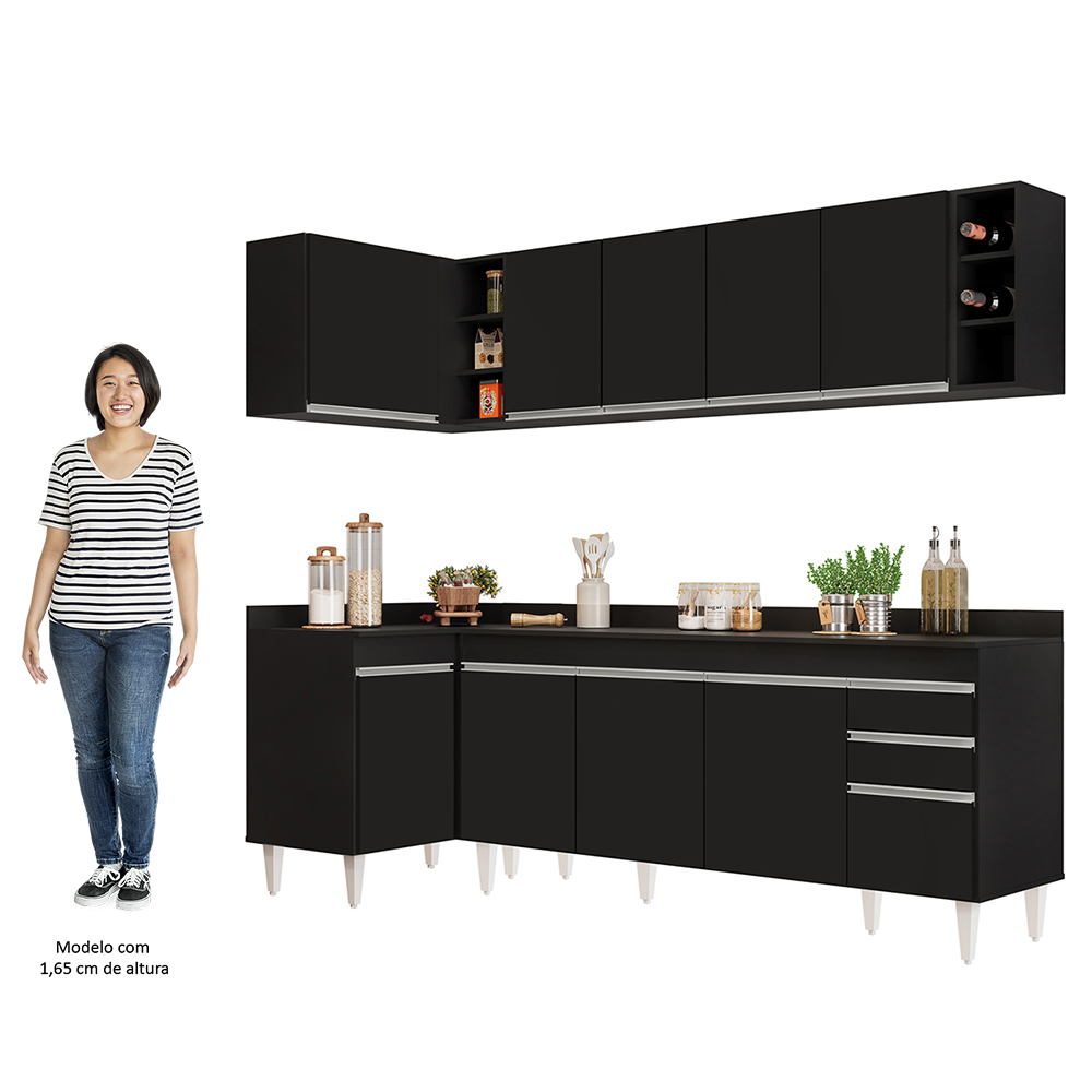 Armário de Cozinha Modulado de Canto Direito 5 Peças CP44 Balcão com Tampo Preto - Lumil