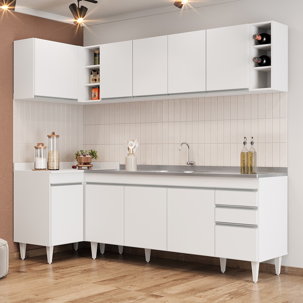 Armário de Cozinha Modulado de Canto Direito 5 Peças CP45 com Pia Inox Branco - Lumil