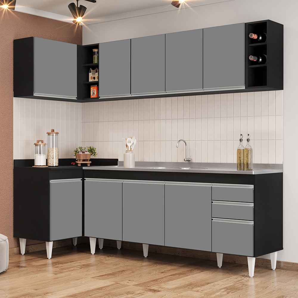 Armário de Cozinha Modulado de Canto Direito 5 Peças CP45 com Pia Inox Preto/Cinza - Lumil