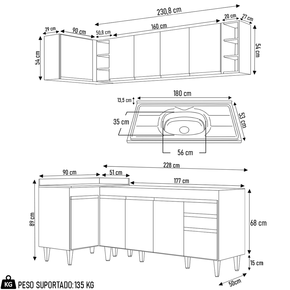 Armário de Cozinha Modulado de Canto Direito 5 Peças CP45 com Pia Inox Preto/Cinza - Lumil