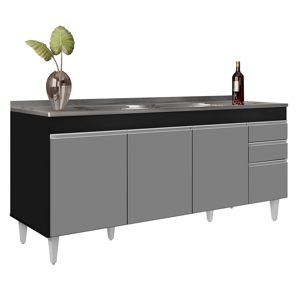 Armário de Cozinha Modulado de Canto Direito 5 Peças CP45 com Pia Inox Preto/Cinza - Lumil