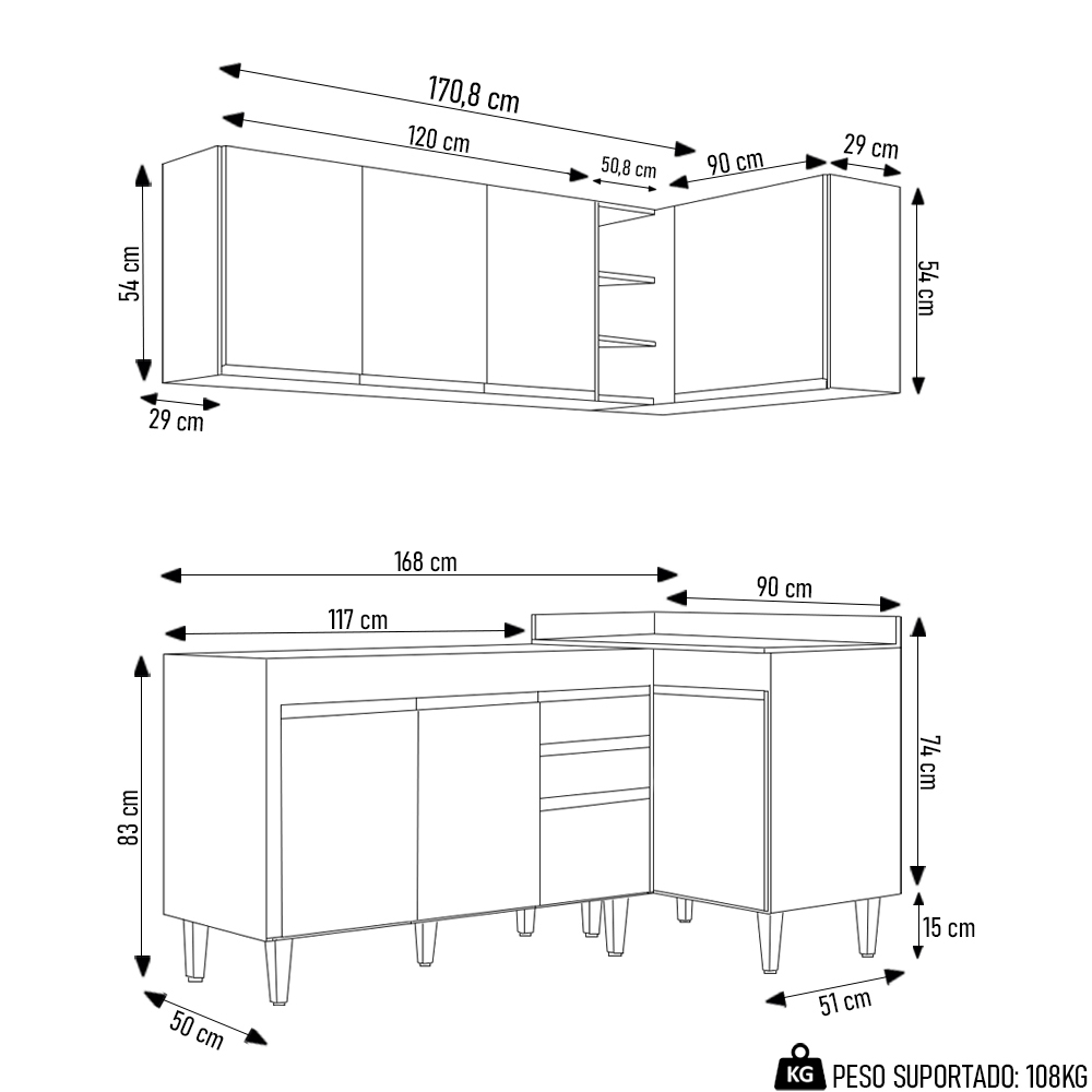 Armário de Cozinha Modulado de Canto Esquerdo 4 Peças CP46 Balcão sem Tampo Branco - Lumil