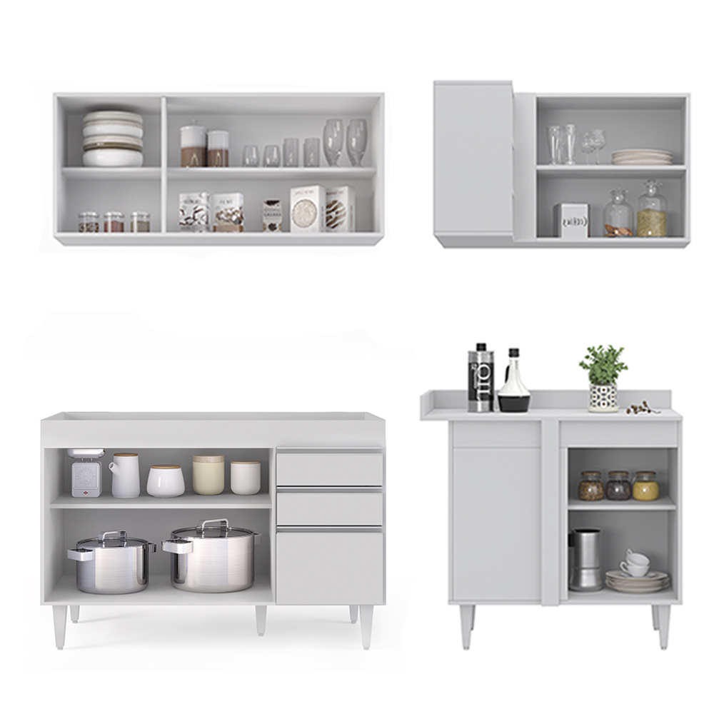 Armário de Cozinha Modulado de Canto Esquerdo 4 Peças CP46 Balcão sem Tampo Branco - Lumil