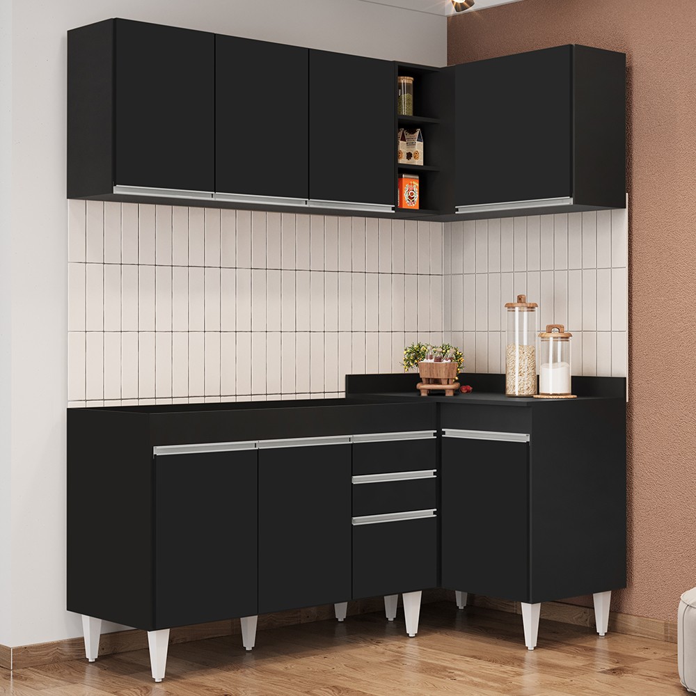 Armário de Cozinha Modulado de Canto Esquerdo 4 Peças CP46 Balcão sem Tampo Preto - Lumil