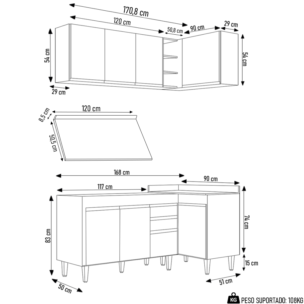 Armário de Cozinha Modulado de Canto Esquerdo 4 Peças CP47 Balcão com Tampo Branco - Lumil