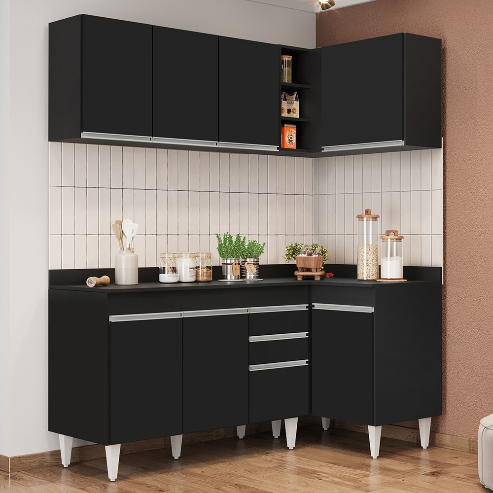 Armário de Cozinha Modulado de Canto Esquerdo 4 Peças CP47 Balcão com Tampo Preto - Lumil