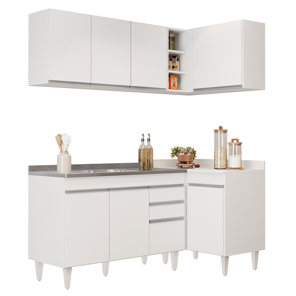 Armário de Cozinha Modulado de Canto Esquerdo 4 Peças CP48 com Pia Inox Branco - Lumil