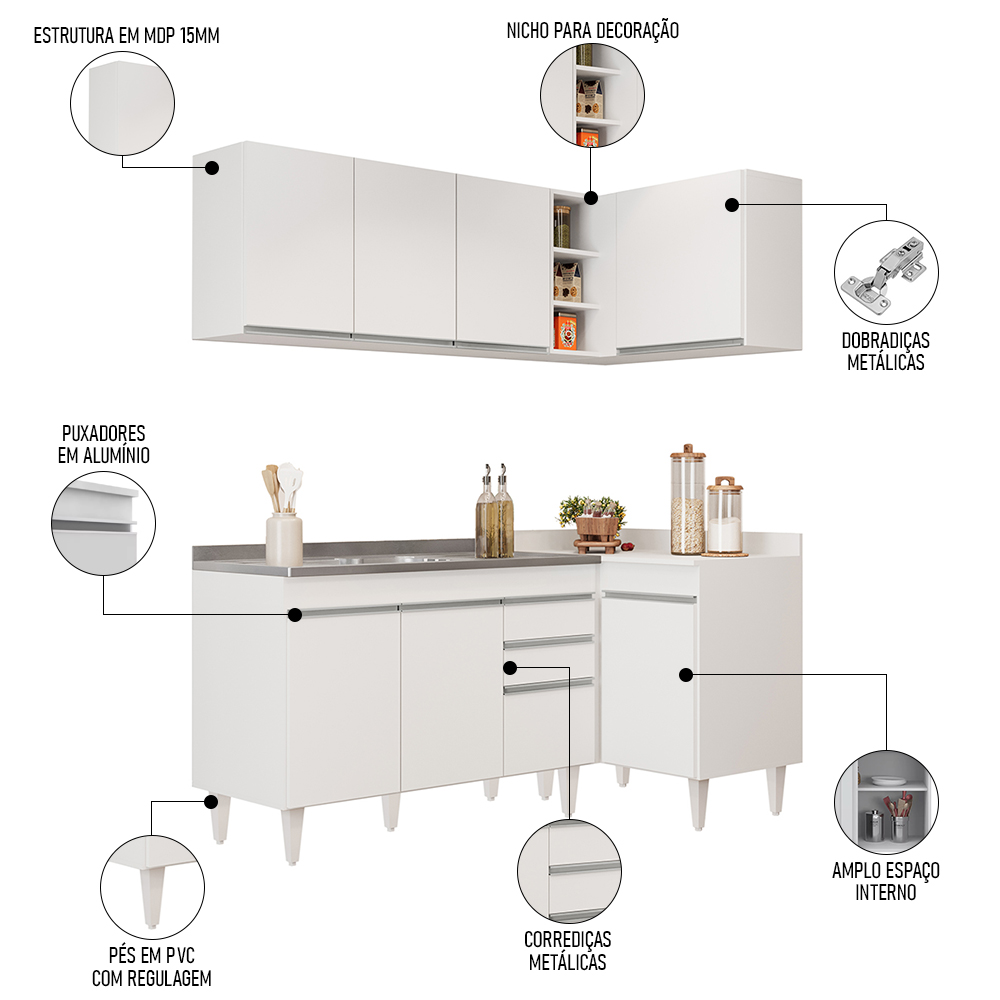 Armário de Cozinha Modulado de Canto Esquerdo 4 Peças CP48 com Pia Inox Branco - Lumil