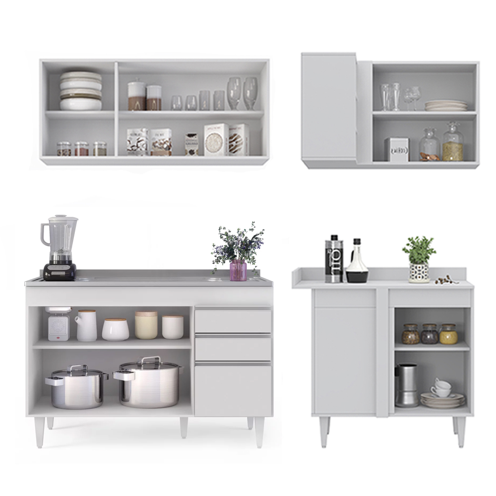Armário de Cozinha Modulado de Canto Esquerdo 4 Peças CP48 com Pia Inox Branco - Lumil