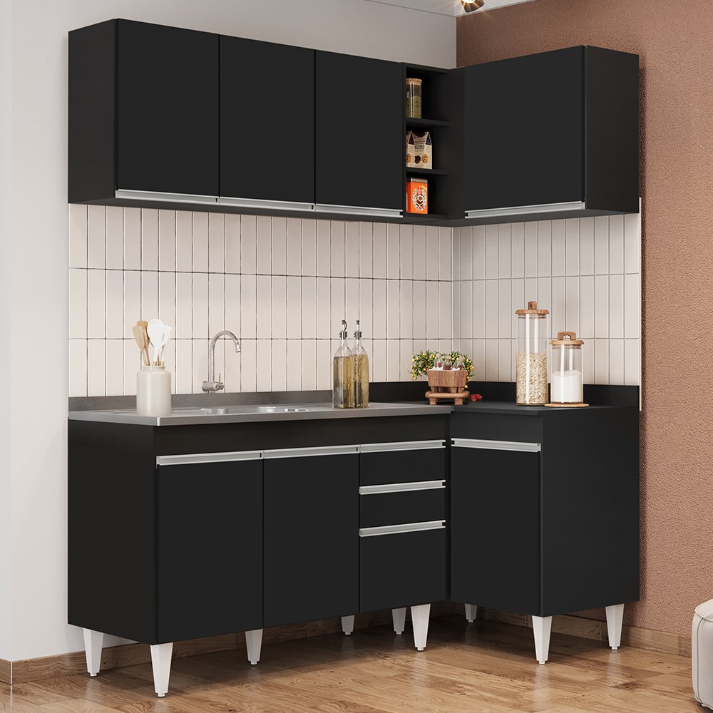 Armário de Cozinha Modulado de Canto Esquerdo 4 Peças CP48 com Pia Inox Preto - Lumil