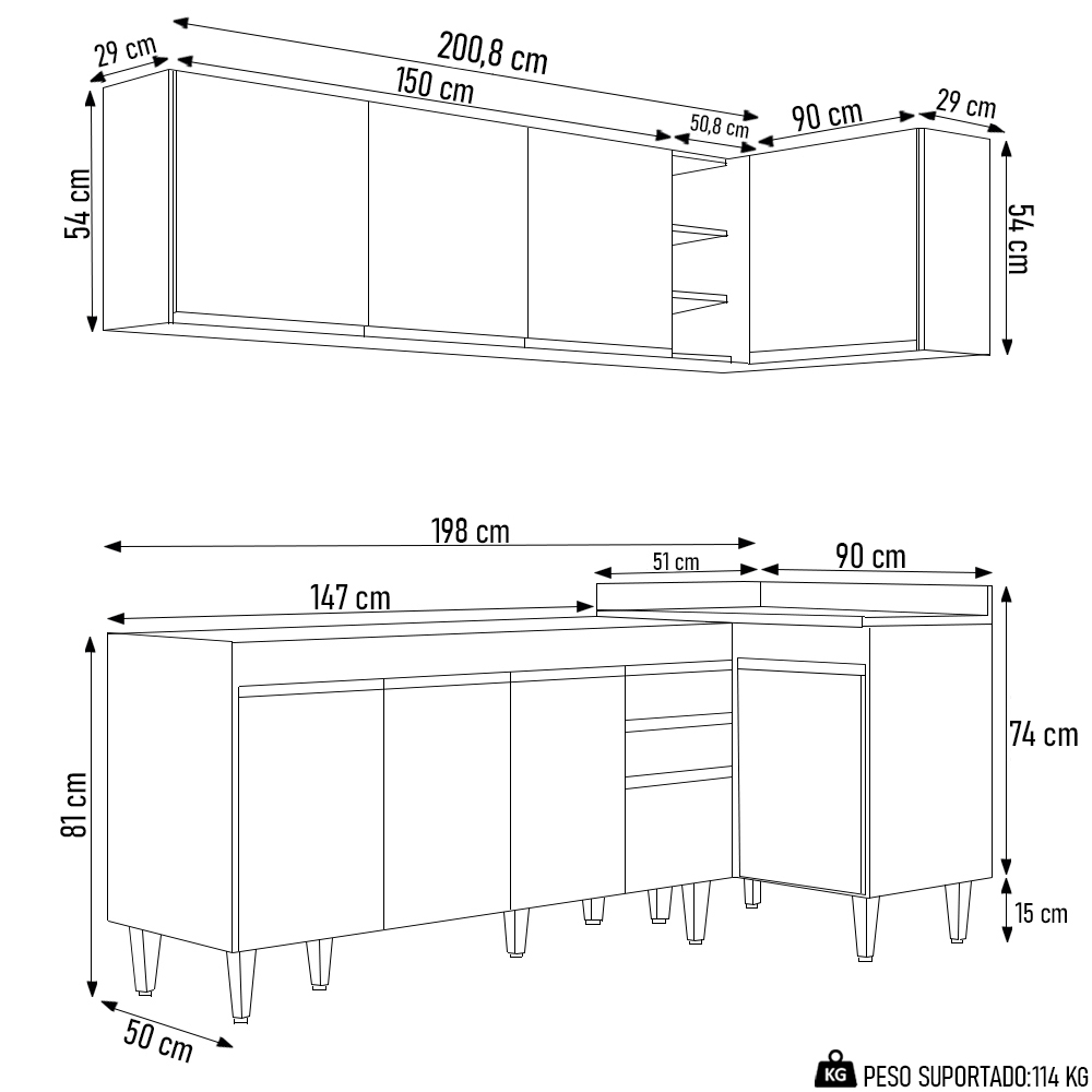 Armário de Cozinha Modulado de Canto Esquerdo 4 Peças CP49 Balcão sem Tampo Branco - Lumil