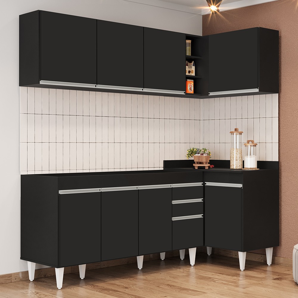 Armário de Cozinha Modulado de Canto Esquerdo 4 Peças CP49 Balcão sem Tampo Preto - Lumil