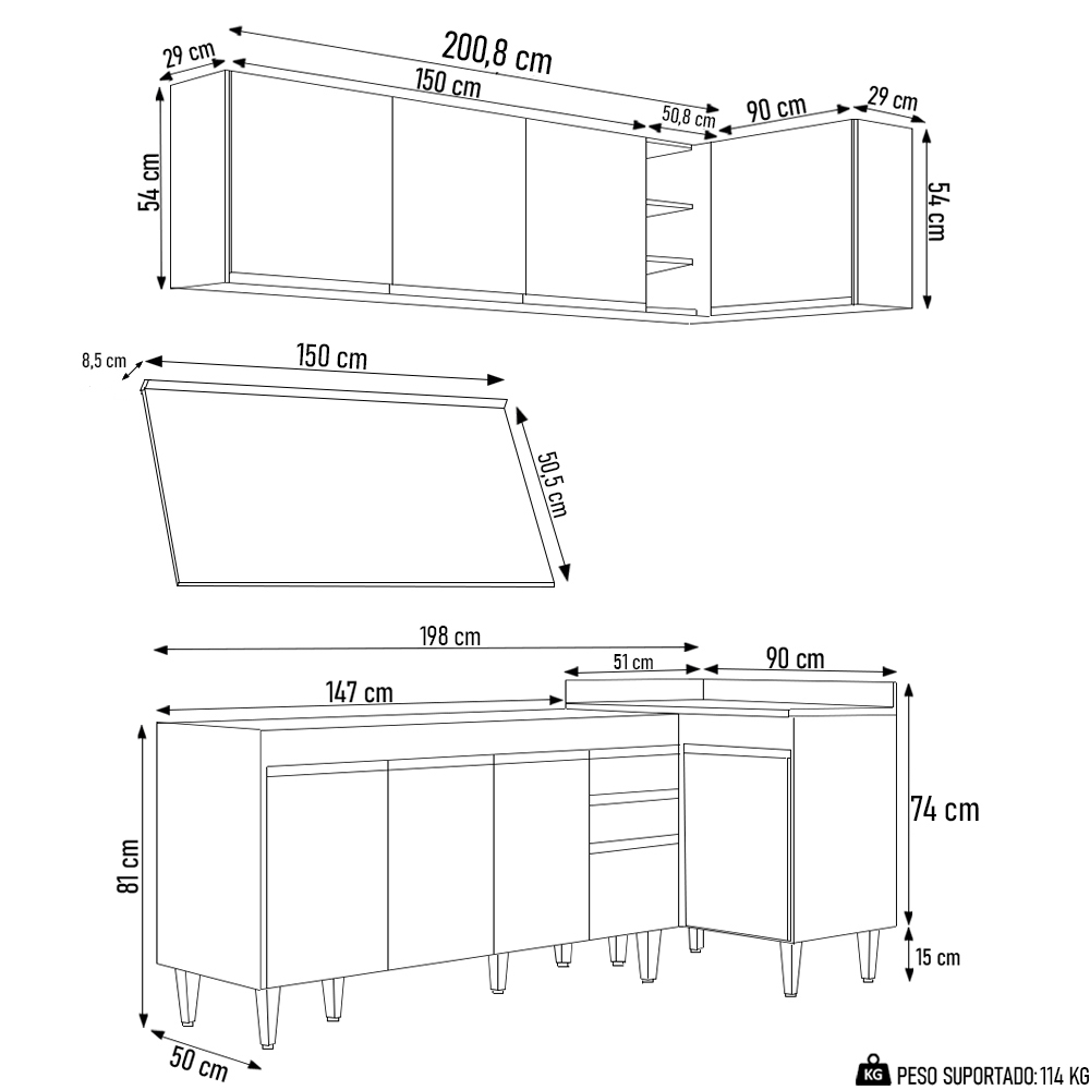Armário de Cozinha Modulado de Canto Esquerdo 4 Peças CP50 Balcão com Tampo Branco - Lumil