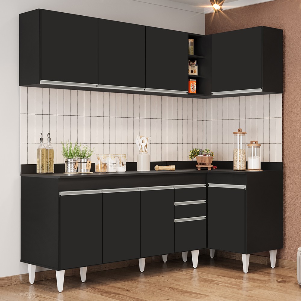 Armário de Cozinha Modulado de Canto Esquerdo 4 Peças CP50 Balcão com Tampo Preto - Lumil