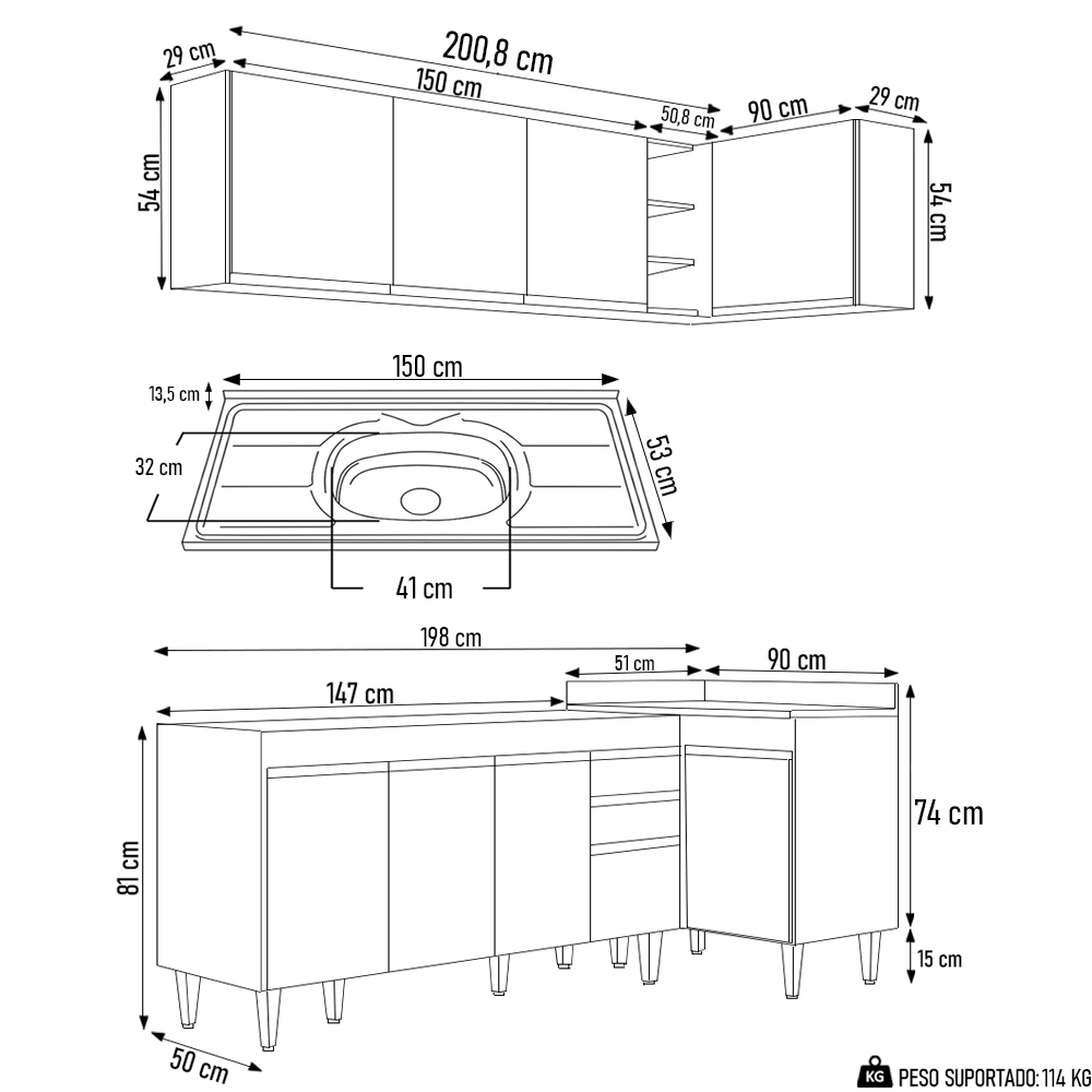 Armário de Cozinha Modulado de Canto Esquerdo 4 Peças CP51 com Pia Inox Branco - Lumil