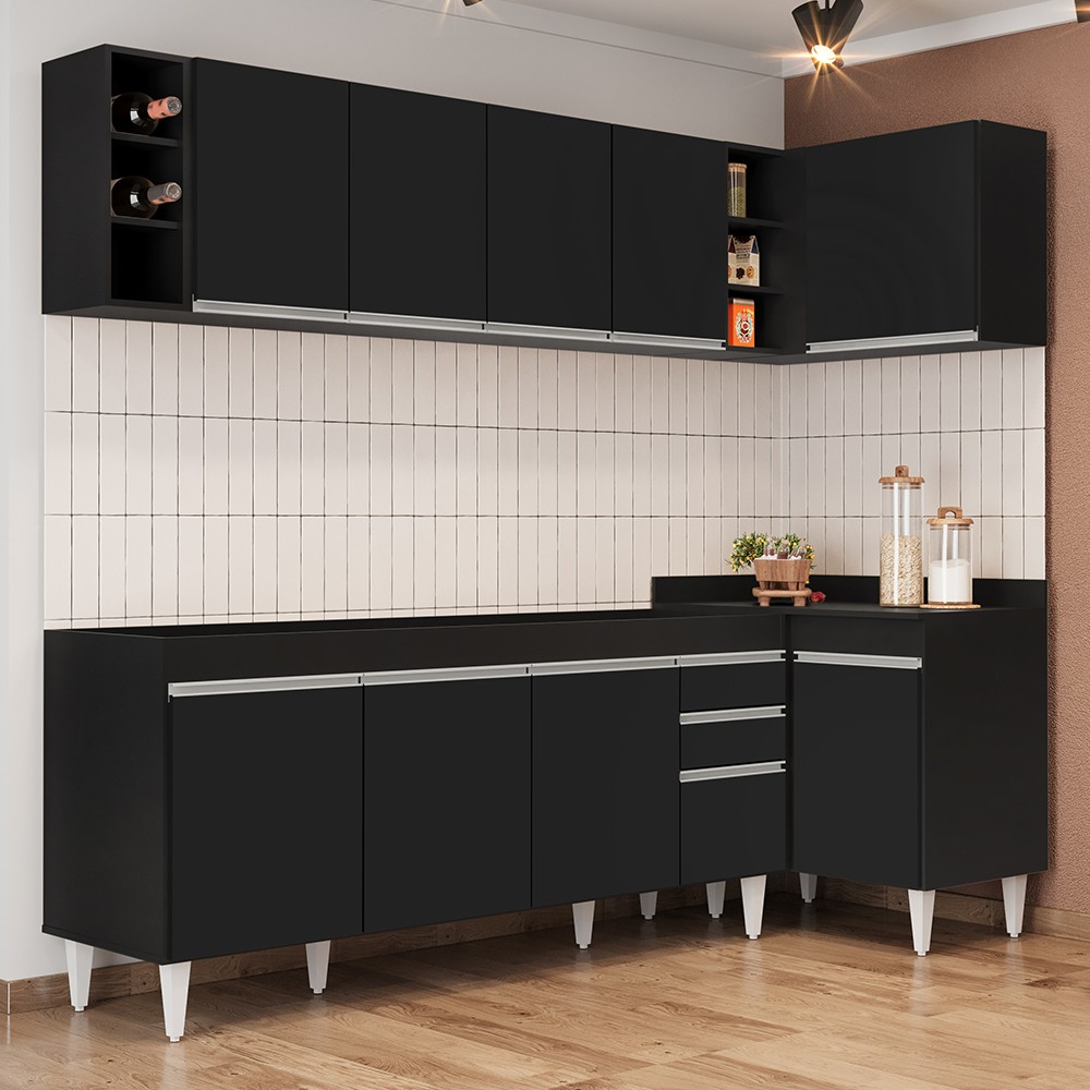 Armário de Cozinha Modulado de Canto Esquerdo 5 Peças CP52 Balcão sem Tampo Preto - Lumil