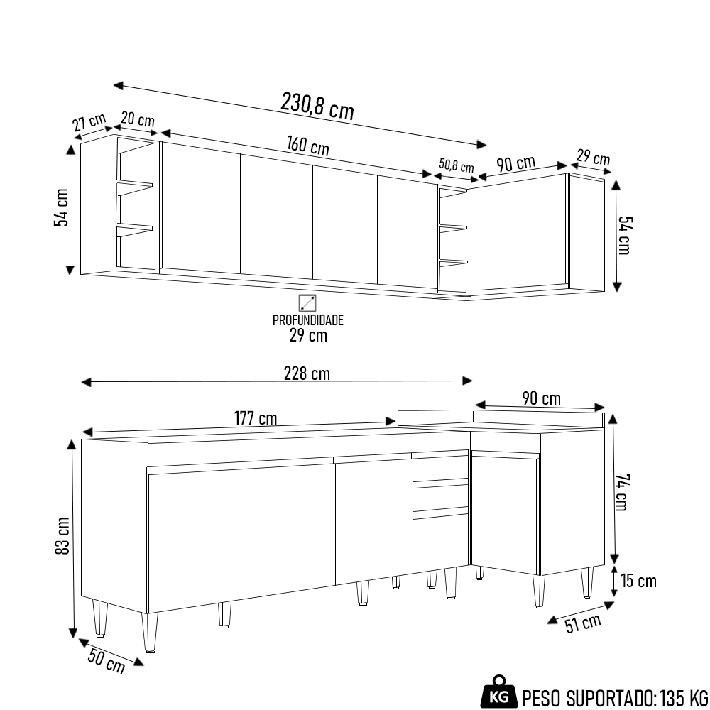 Armário de Cozinha Modulado de Canto Esquerdo 5 Peças CP52 Balcão sem Tampo Preto - Lumil
