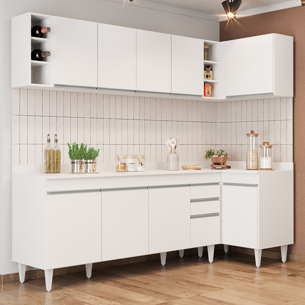 Armário de Cozinha Modulado de Canto Esquerdo 5 Peças CP53 Balcão com Tampo Branco - Lumil