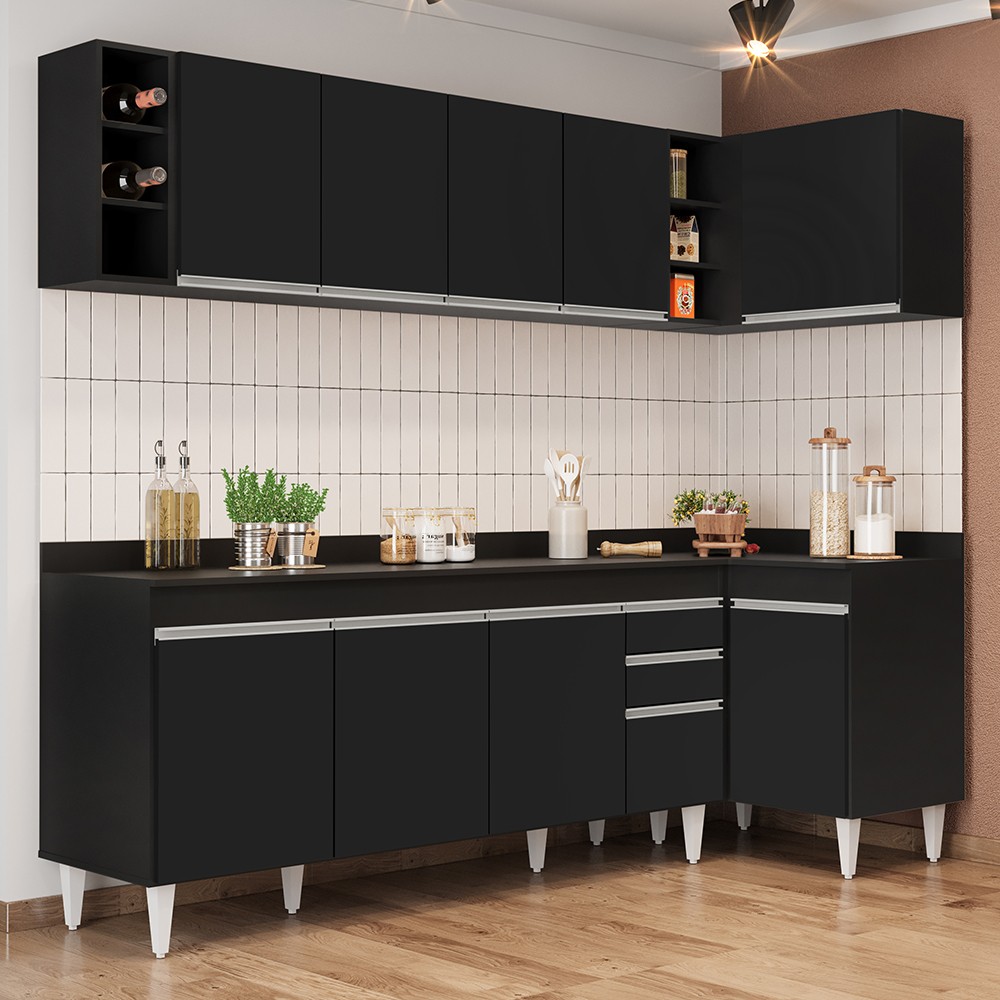Armário de Cozinha Modulado de Canto Esquerdo 5 Peças CP53 Balcão com Tampo Preto - Lumil