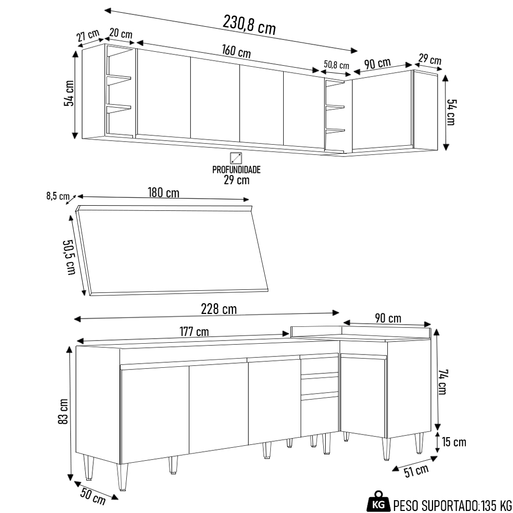 Armário de Cozinha Modulado de Canto Esquerdo 5 Peças CP53 Balcão com Tampo Preto - Lumil