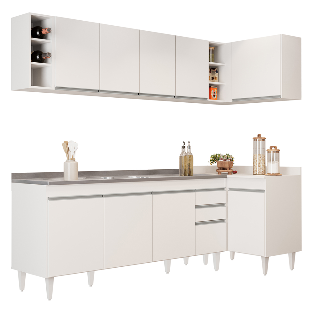 Armário de Cozinha Modulado de Canto Esquerdo 5 Peças CP54 com Pia Inox Branco - Lumil