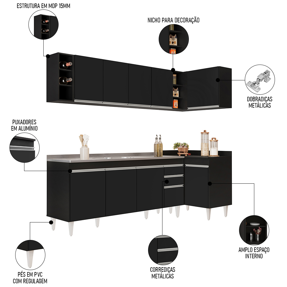 Armário de Cozinha Modulado de Canto Esquerdo 5 Peças CP54 com Pia Inox Preto - Lumil