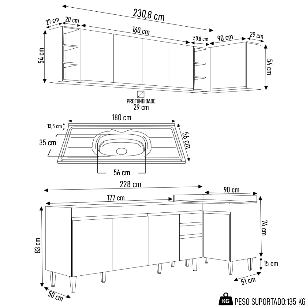 Armário de Cozinha Modulado de Canto Esquerdo 5 Peças CP54 com Pia Inox Preto - Lumil