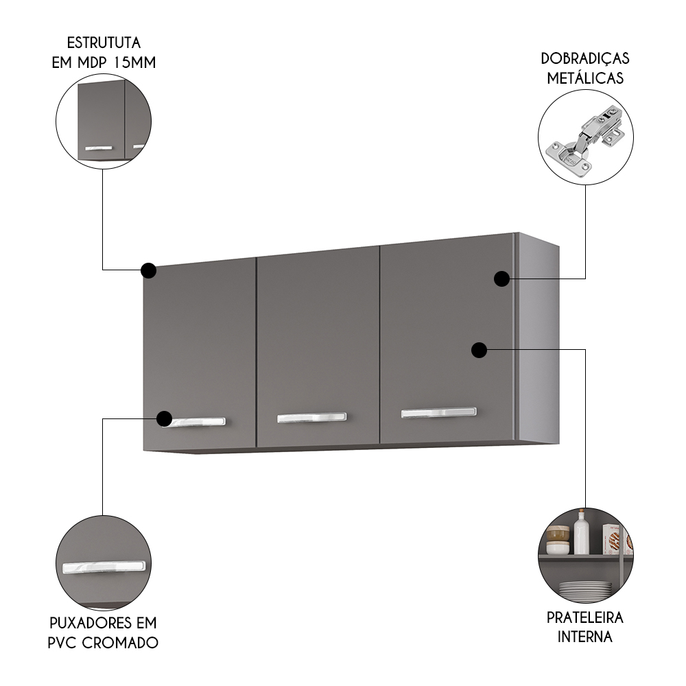 Armários de Cozinha Aéreo 3 Portas 120cm Kit 2 Honduras Cinza - Lumil