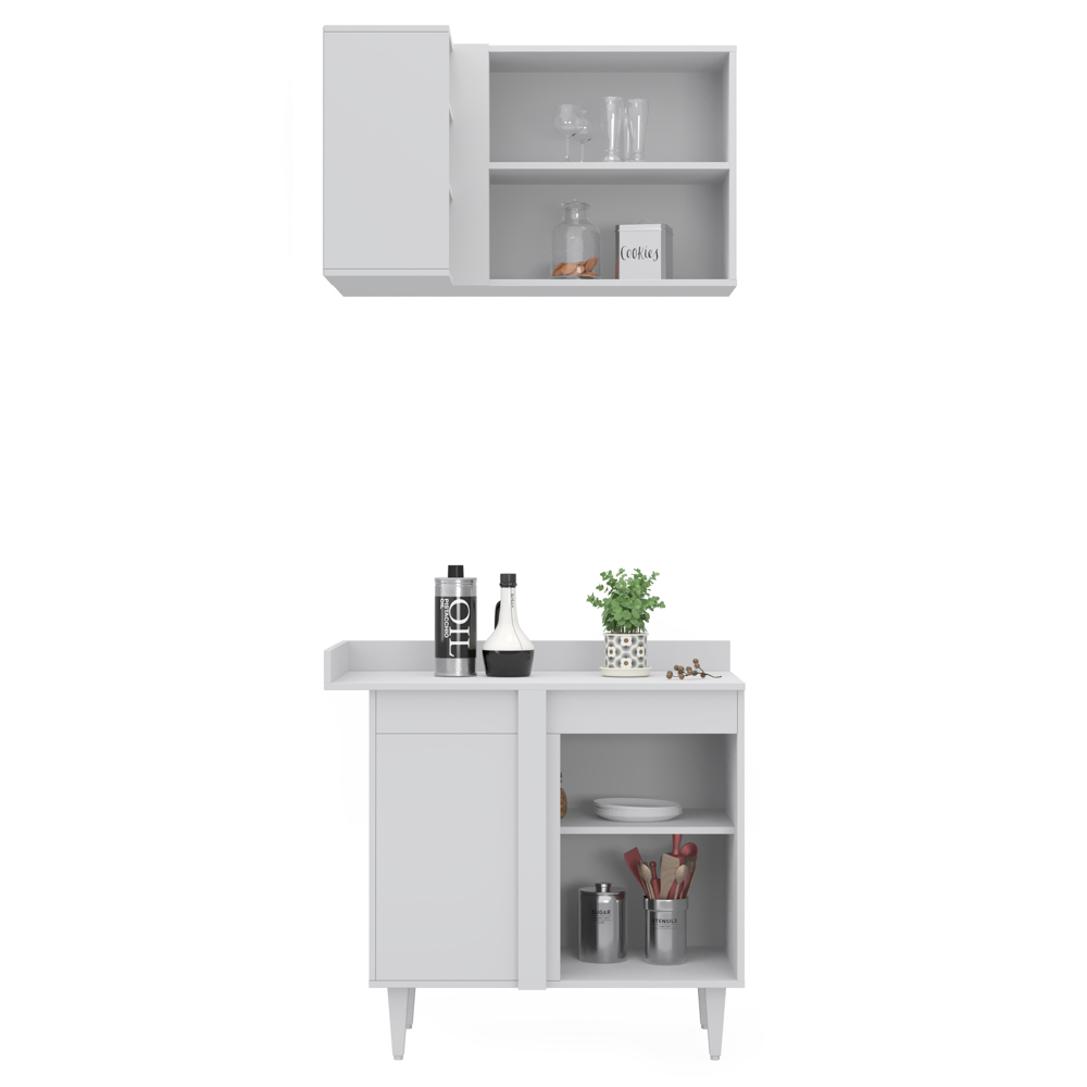 Balcão 1 Porta Denver e Armário Aéreo Austin de Canto Branco - Lumil