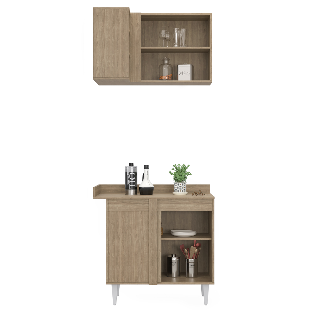 Balcão 1 Porta Denver e Armário Aéreo Austin de Canto Castanho/Cinza - Lumil